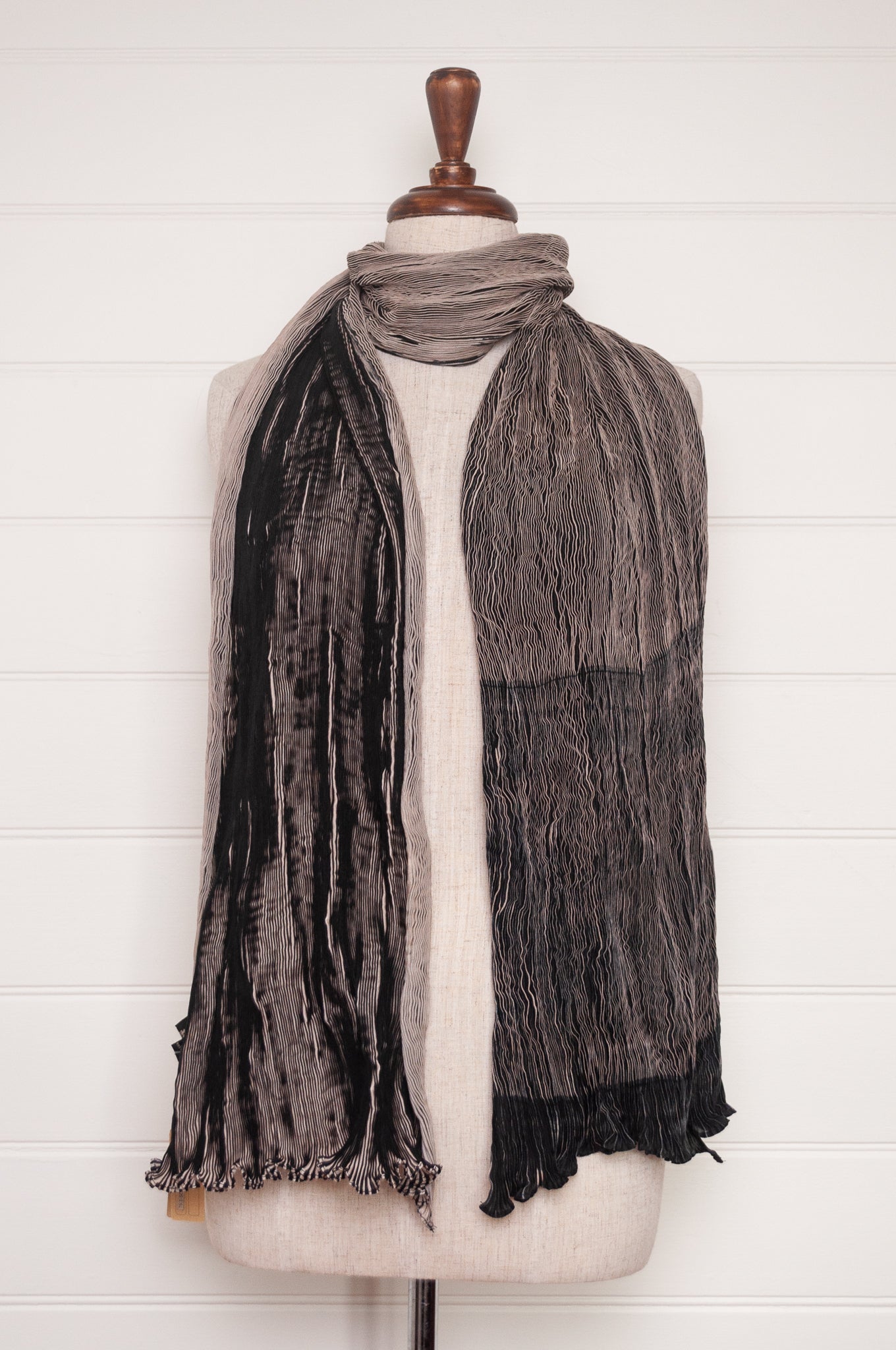 Neeru Kumar crinkle silk shibori scarf in black and cream.