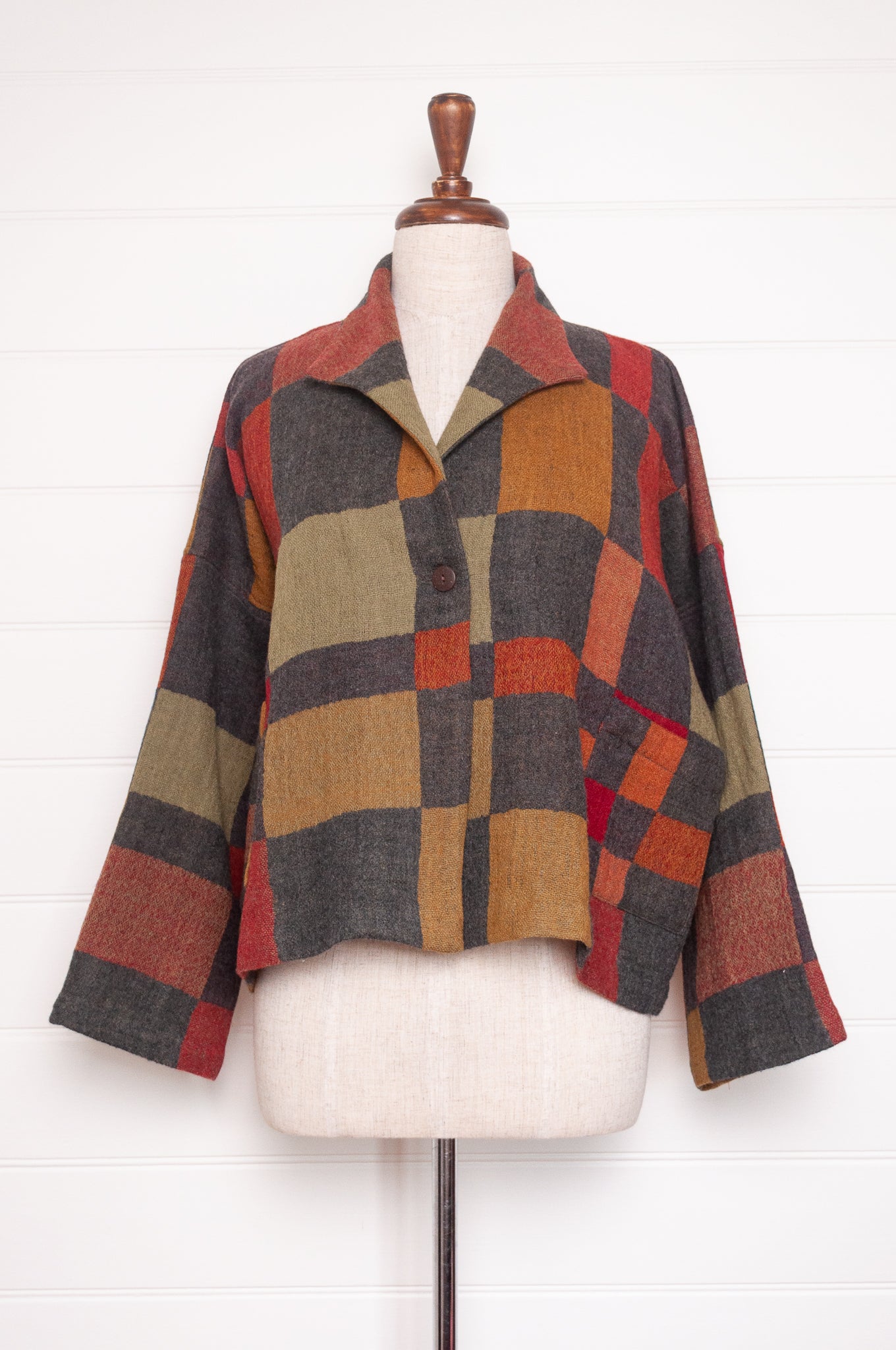 NK Coco handwoven wool jacket in charcoal and autumn shade blanket checks.
