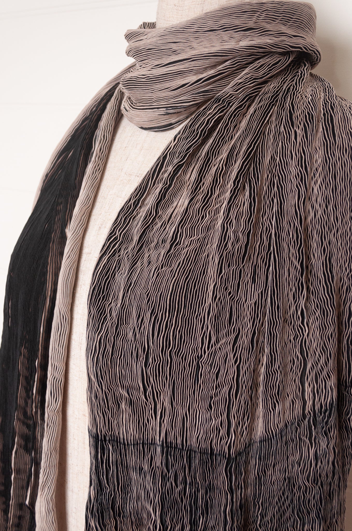 Neeru Kumar crinkle silk shibori scarf in black and cream.