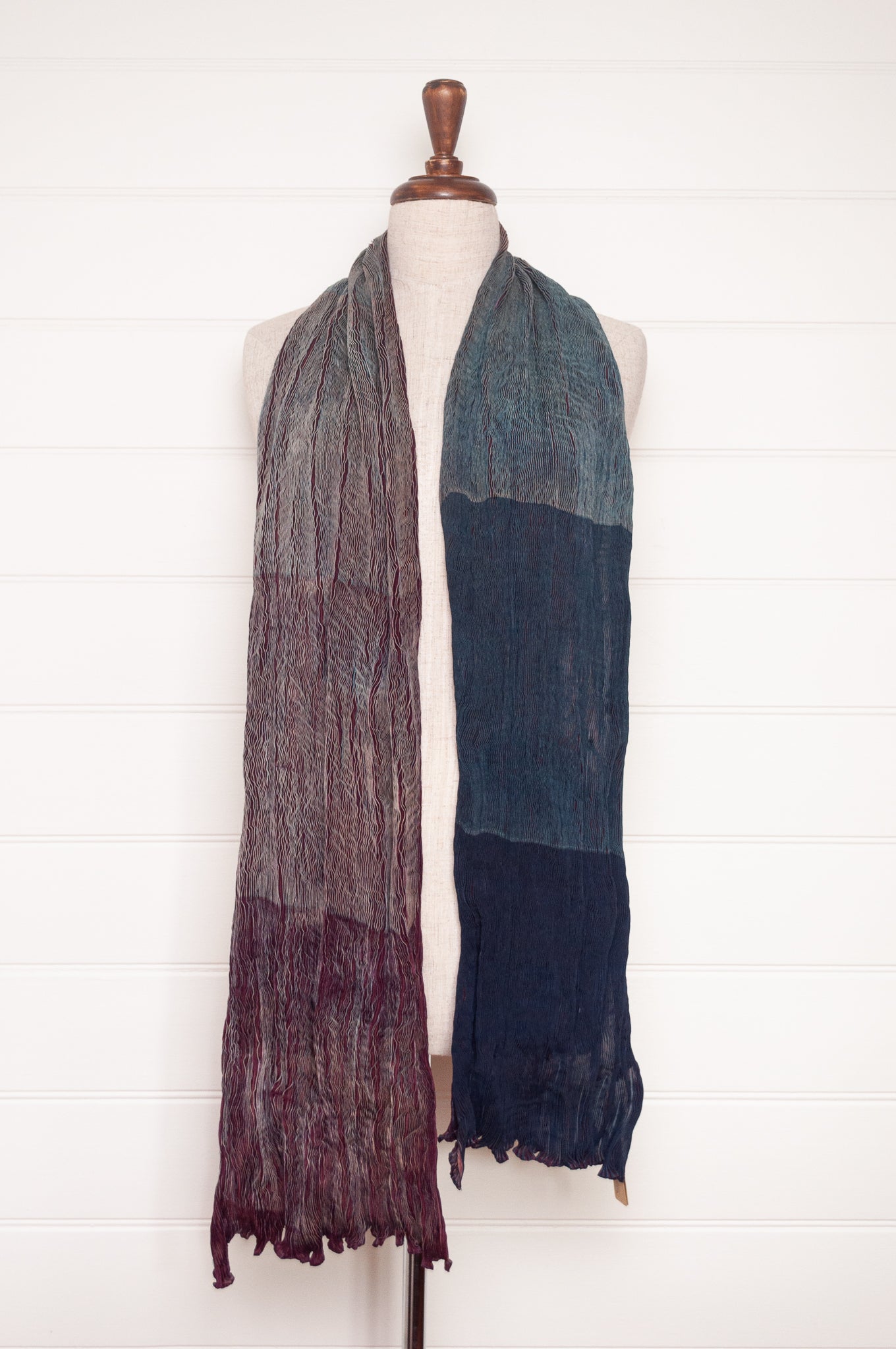 Neeru Kumar crinkle silk shibori scarf in burgundy and teal.