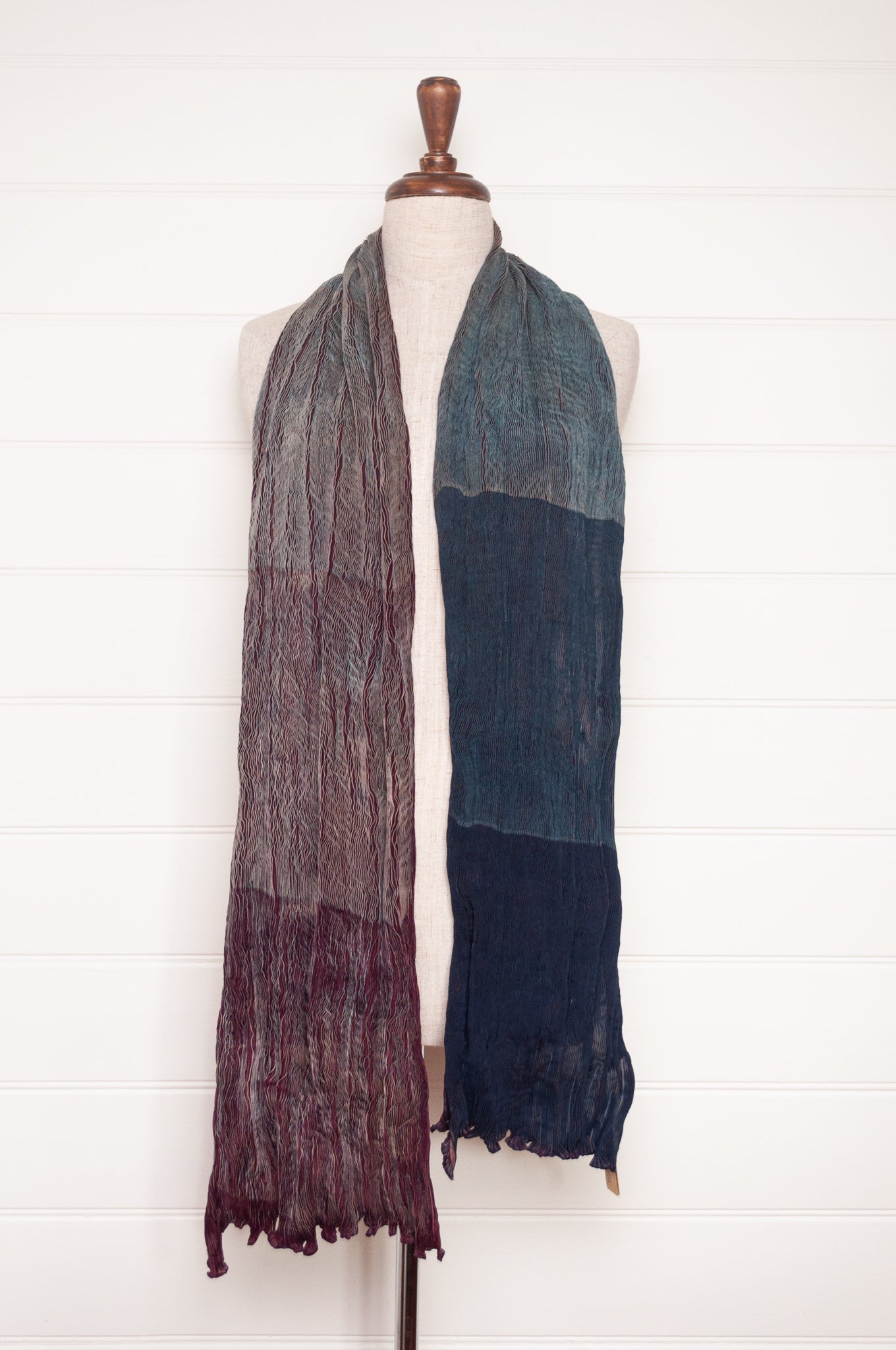Neeru Kumar crinkle silk shibori scarf in burgundy and teal.