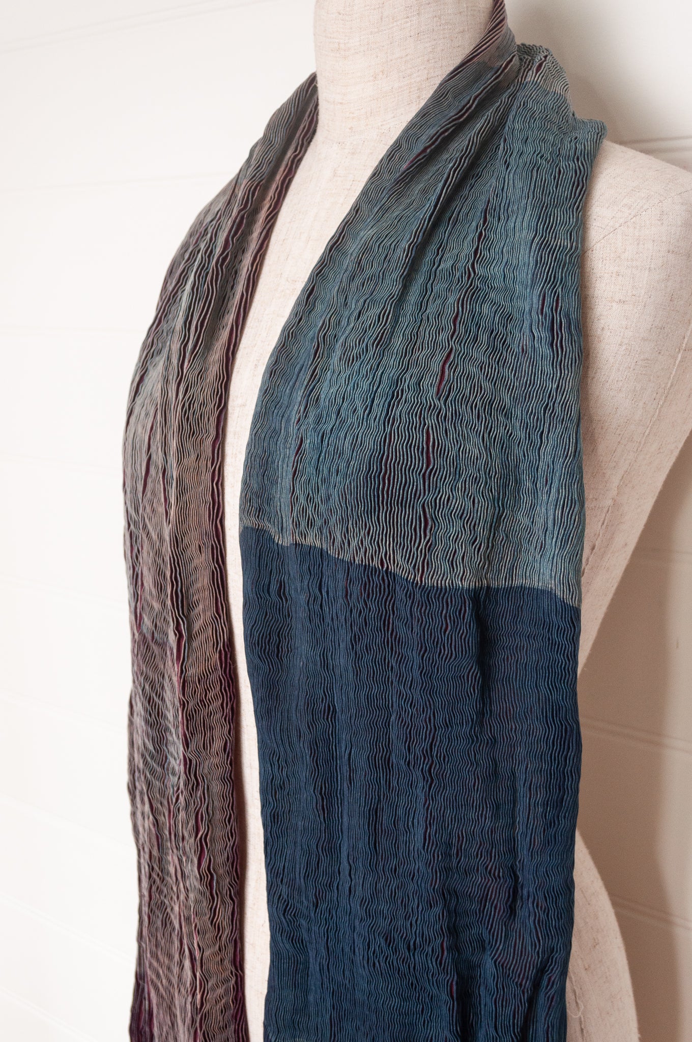 Neeru Kumar crinkle silk shibori scarf in burgundy and teal.