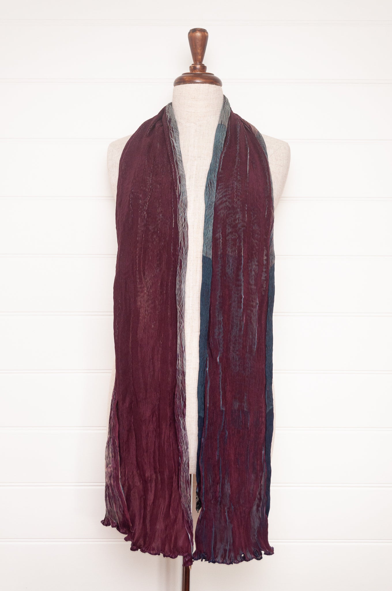 Neeru Kumar crinkle silk shibori scarf in burgundy and teal.