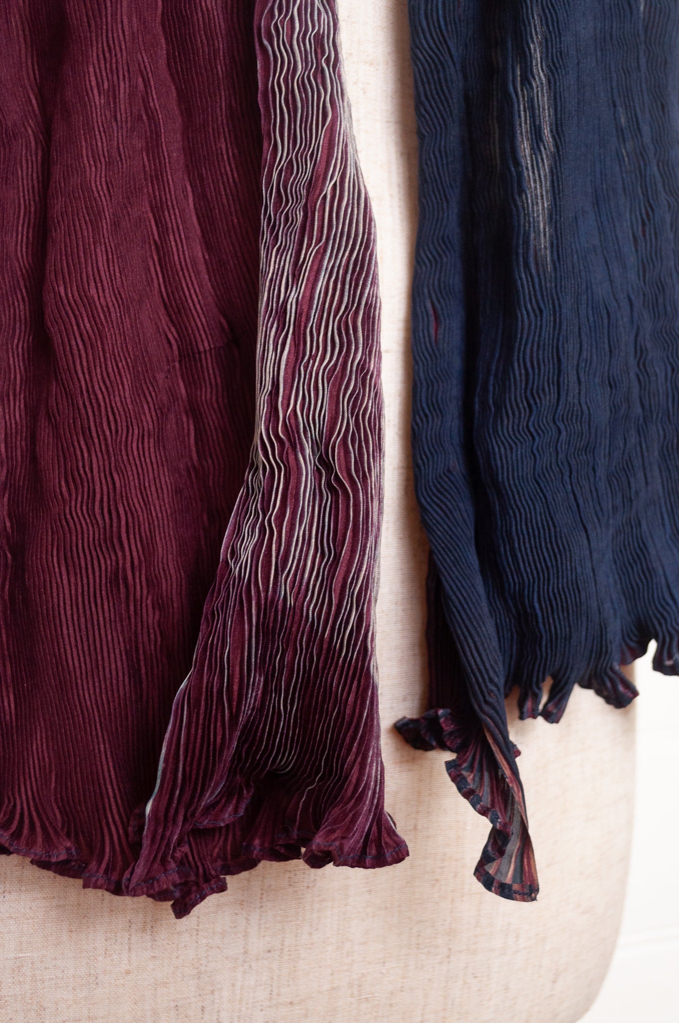 Neeru Kumar crinkle silk shibori scarf in burgundy and teal.