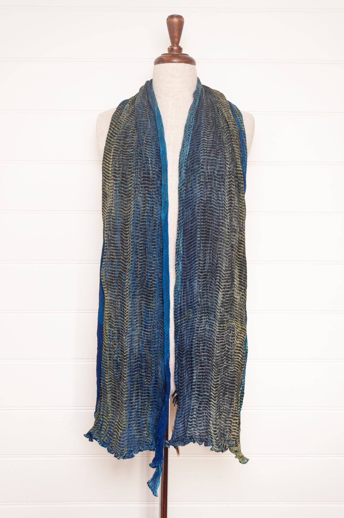 Neeru Kumar crinkle silk shibori scarf in cobalt blue and turquoise with a speckled print.