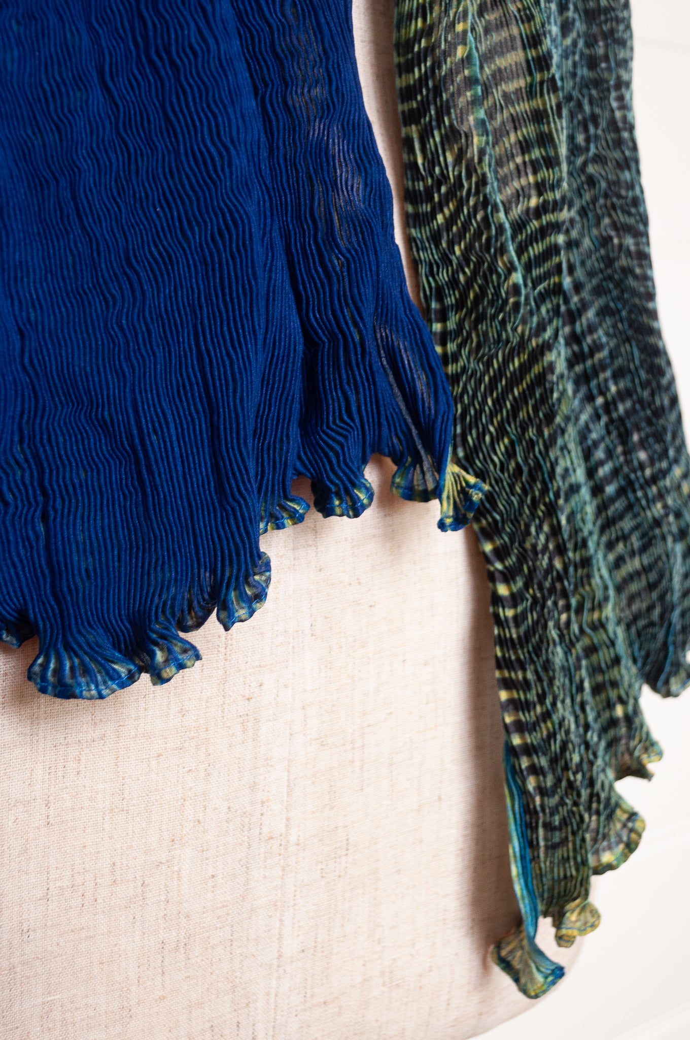 Neeru Kumar crinkle silk shibori scarf in cobalt blue and turquoise with a speckled print.