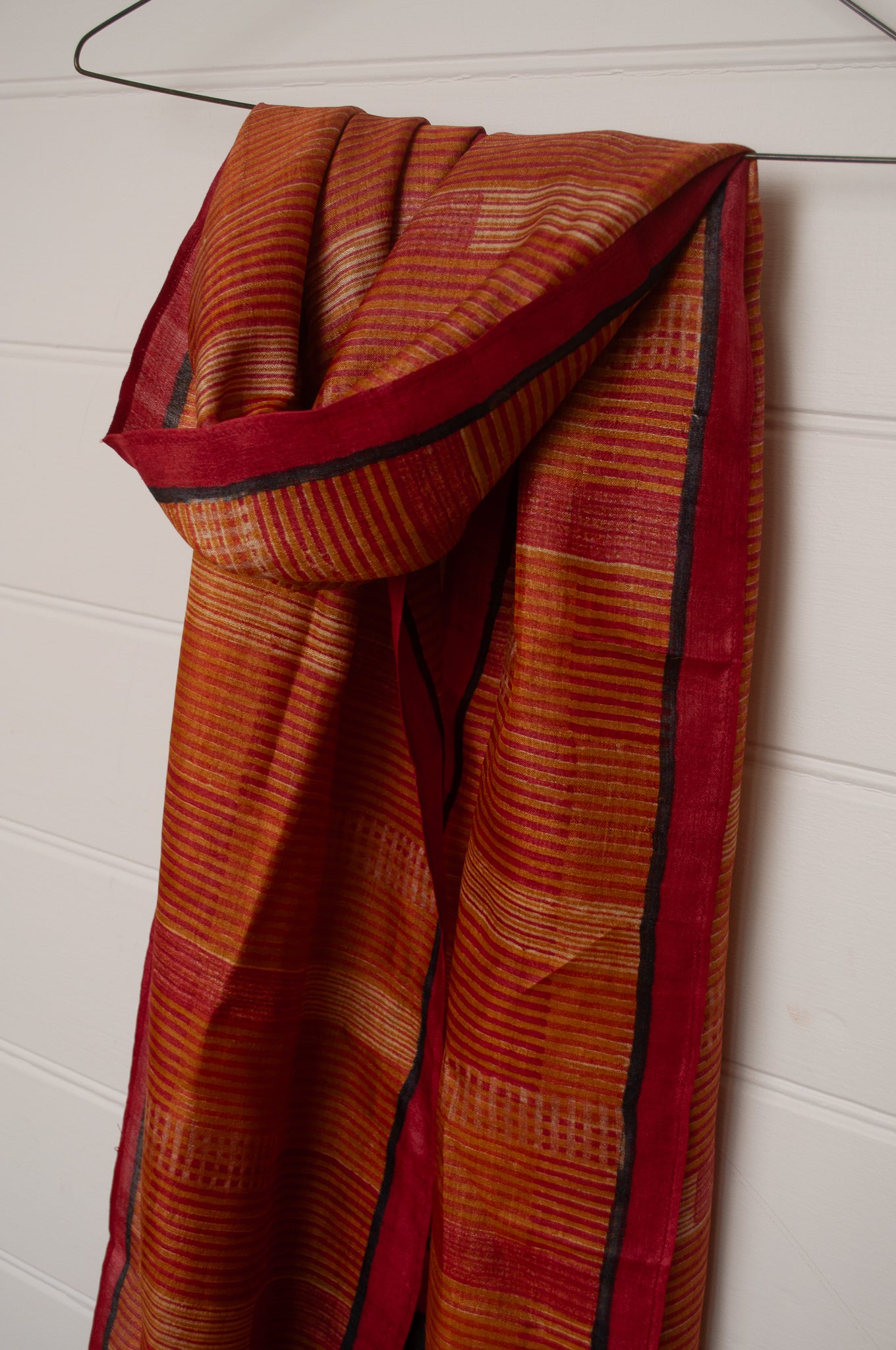 Karomi blockprint amber stripe pattern pure handwoven silk scarf.
