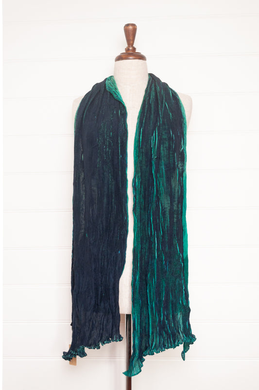 Neeru Kumar crinkle silk shibori scarf in deep blues, emerald and aqua greens.
