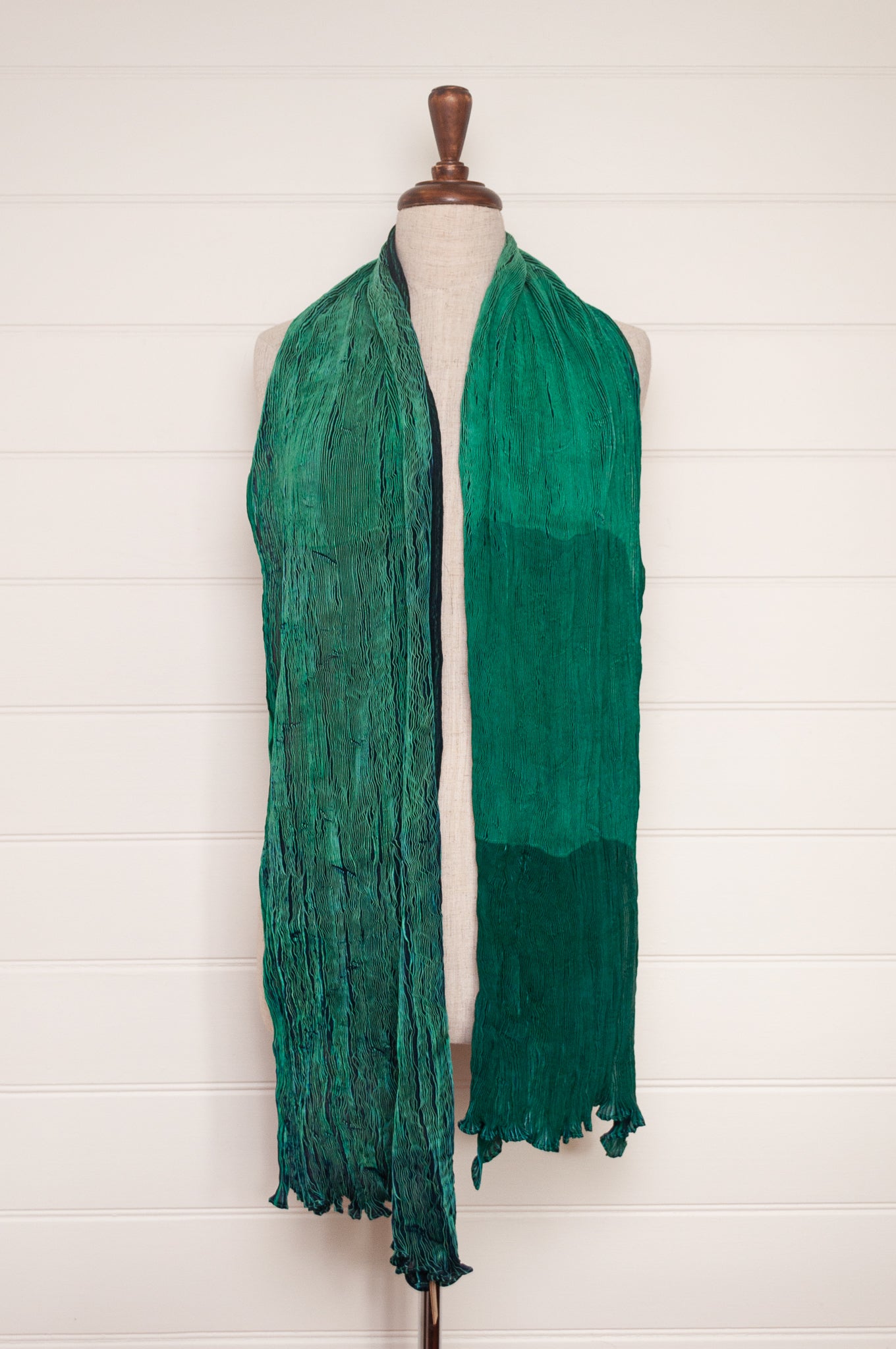 Neeru Kumar crinkle silk shibori scarf in deep blues, emerald and aqua greens.
