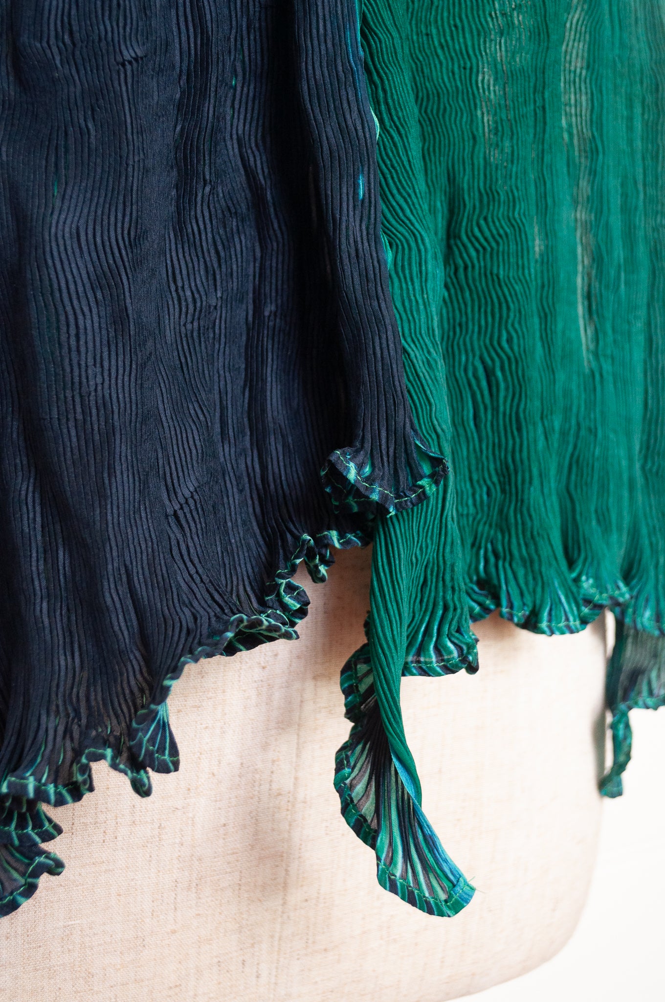 Neeru Kumar crinkle silk shibori scarf in deep blues, emerald and aqua greens.