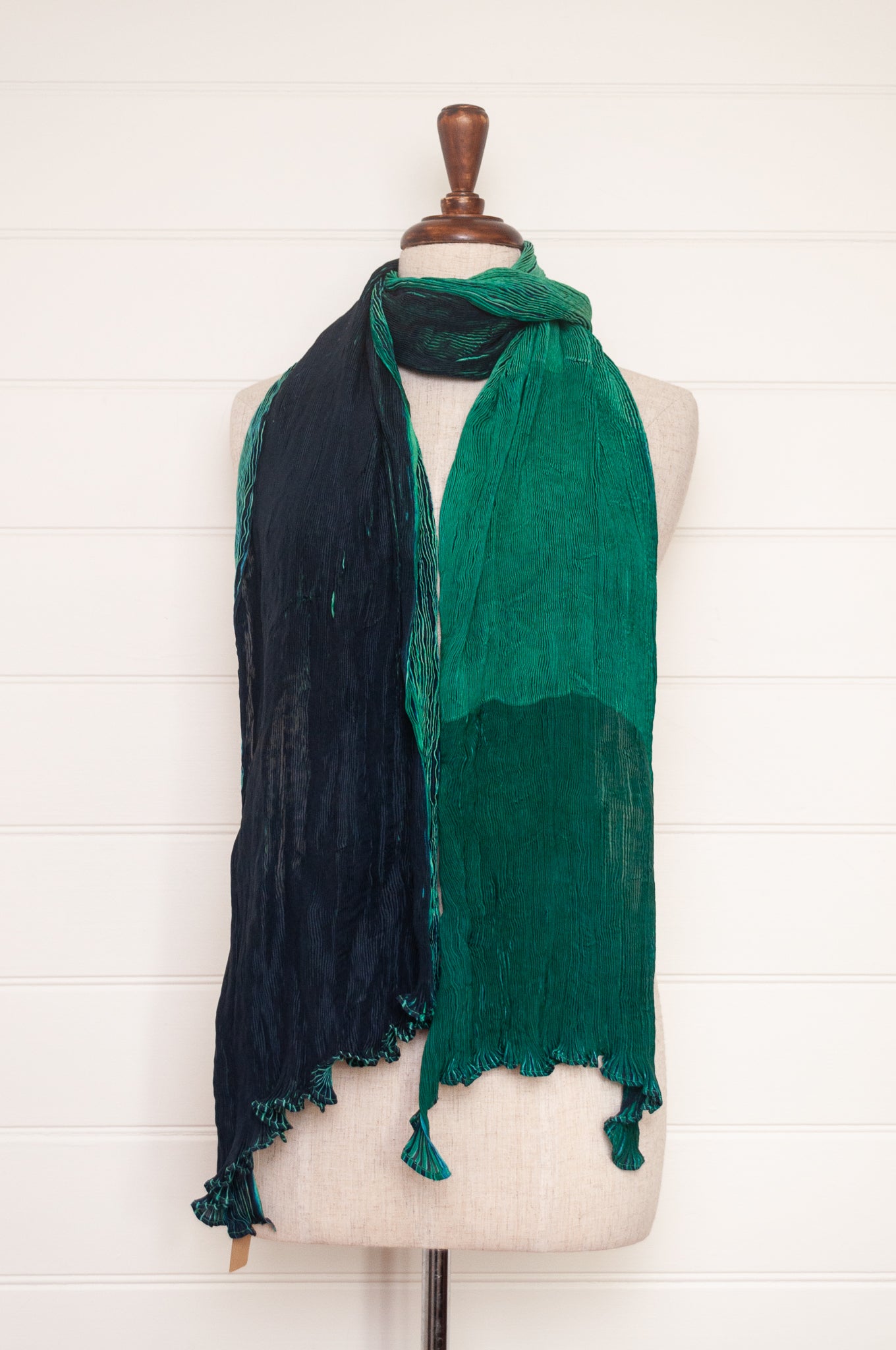 Neeru Kumar crinkle silk shibori scarf in deep blues, emerald and aqua greens.