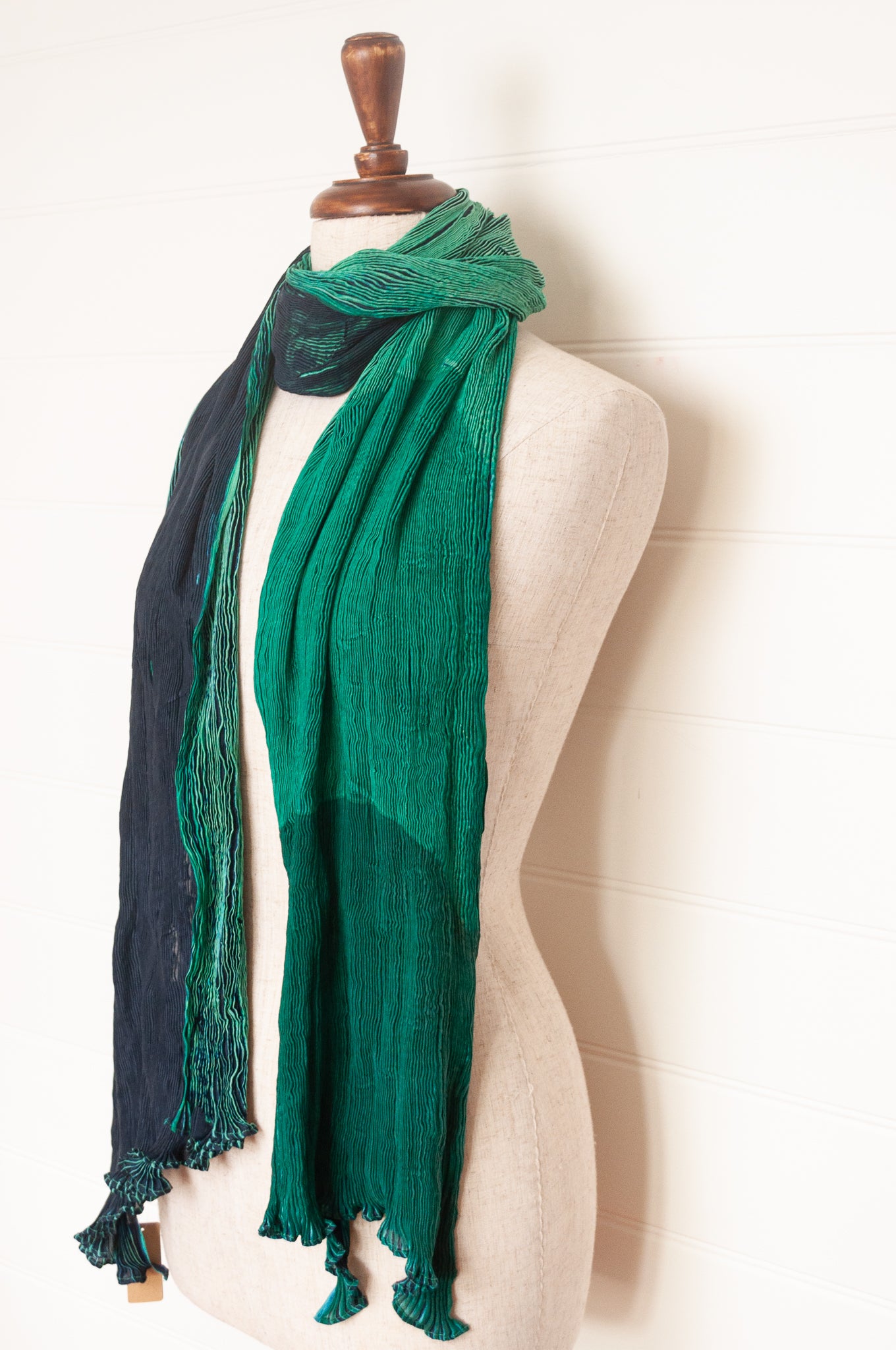 Neeru Kumar crinkle silk shibori scarf in deep blues, emerald and aqua greens.