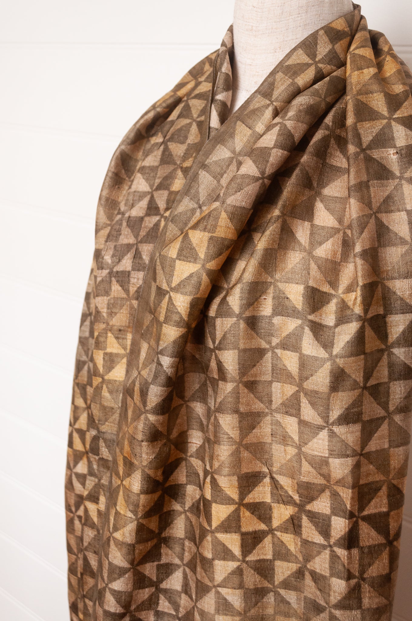 Karomi blockprint olive green pinwheel pattern pure handwoven silk scarf.