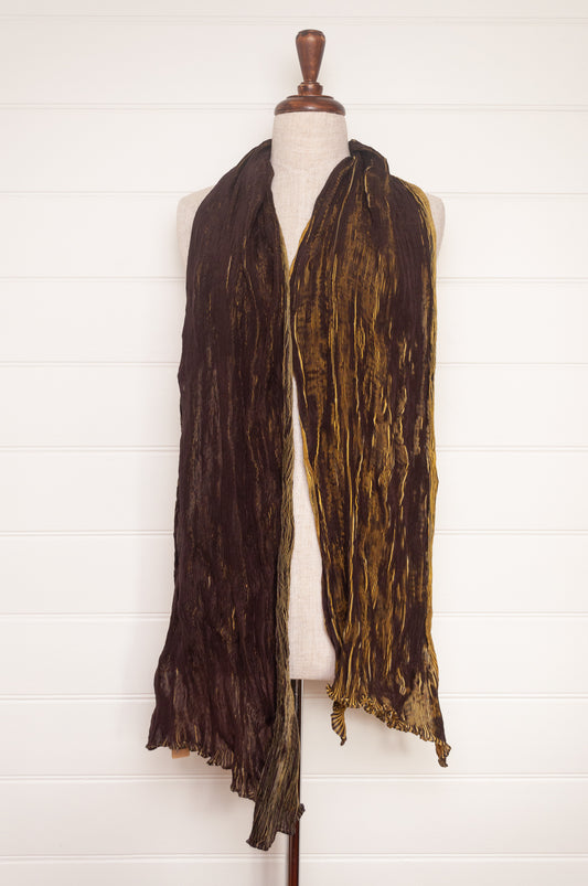 Neeru Kumar crinkle silk shibori scarf in chocolate brown and golden yellow.