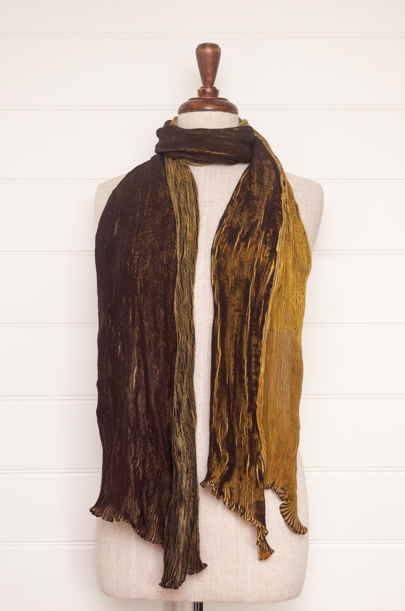 Neeru Kumar crinkle silk shibori scarf in chocolate brown and golden yellow.