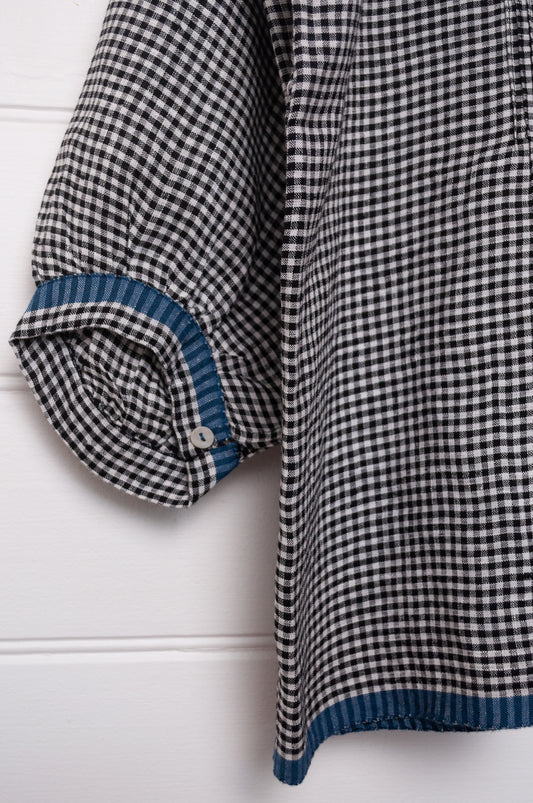 DVE Anisha pintucked top in black and white gingham check linen hand stitched details and blue selvedge.