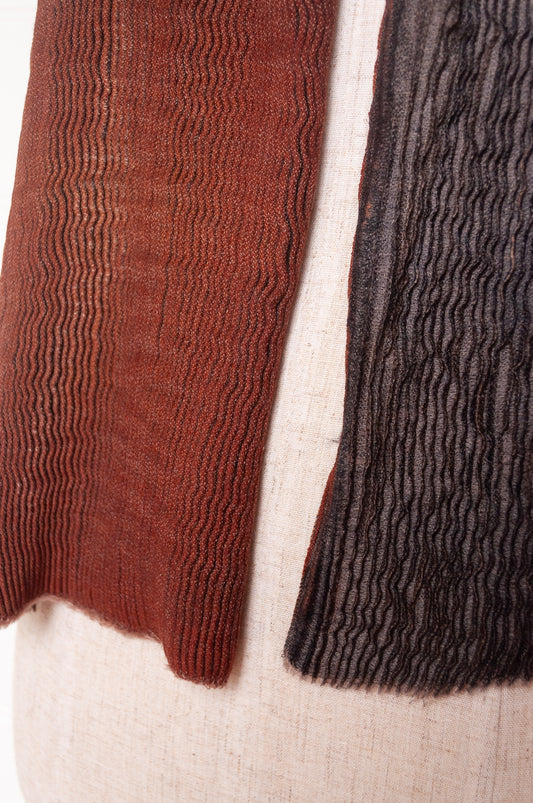 NK Shibori dyed wool scarf in chestnut brown and charocal, pleat finish.