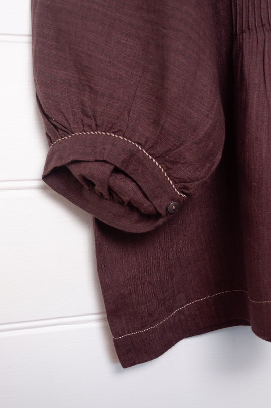 DVE Anisha pintucked top in chocolate brown linen hand stitched details.