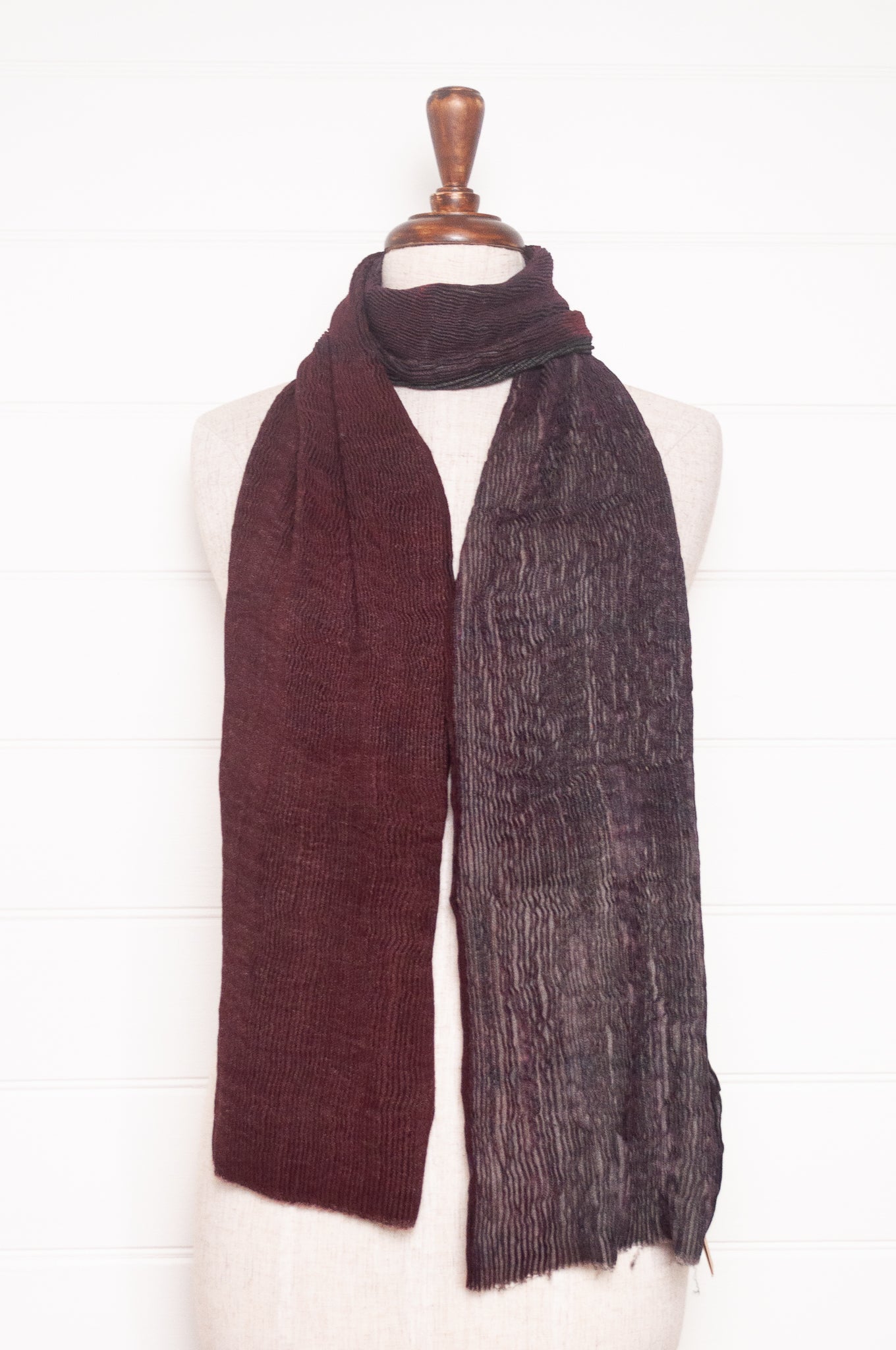 NK Shibori dyed wool scarf in wine red and charocal, pleat finish.