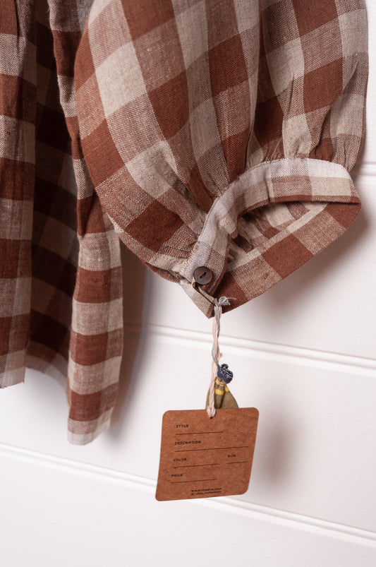 DVE Anisha pintucked top in French beige brown and white check linen hand stitched details.