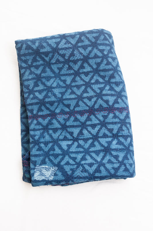 VIntage overdyed kantha quilt mud resist indigo print.
