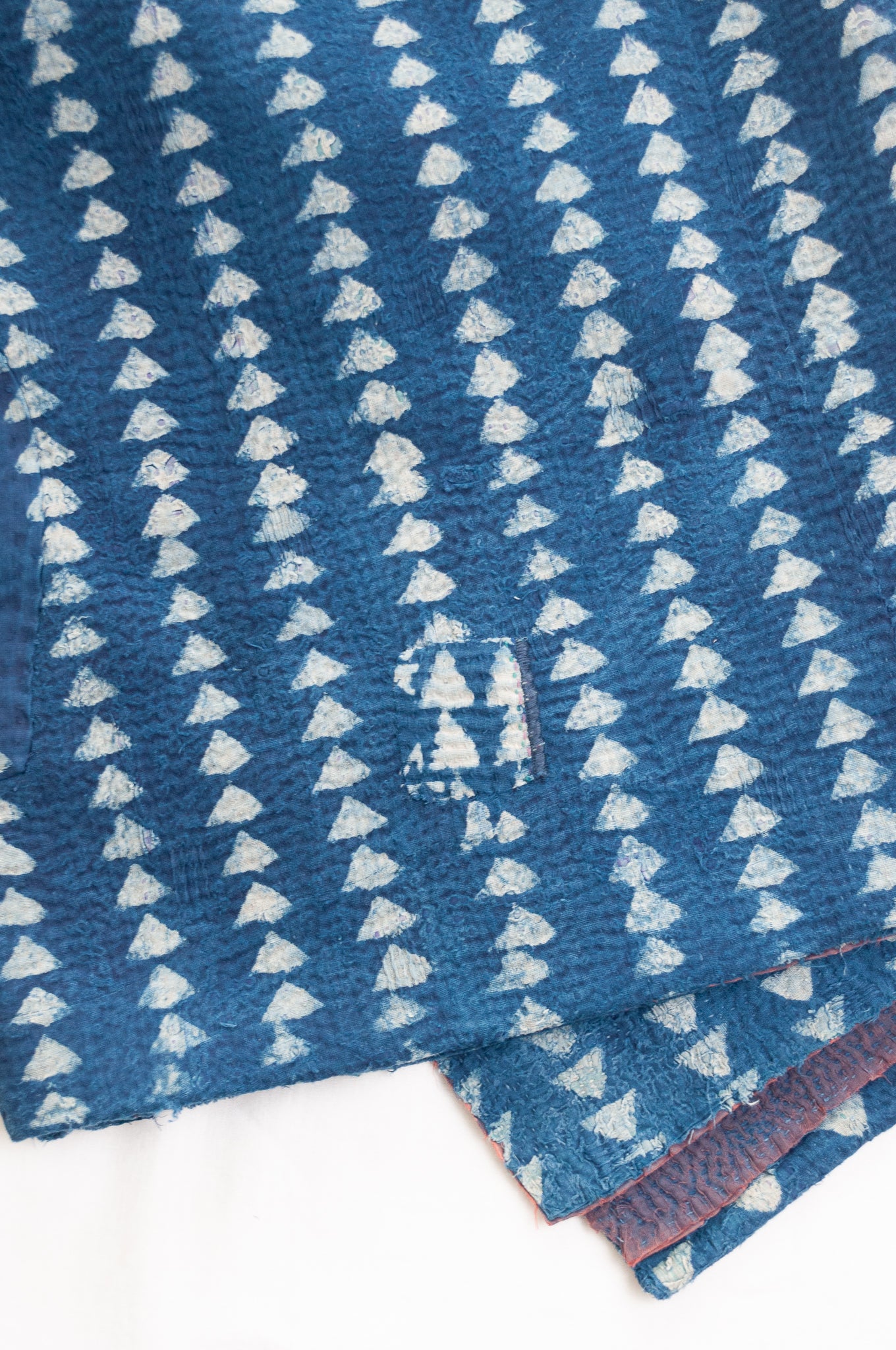 VIntage overdyed kantha quilt mud resist indigo print.