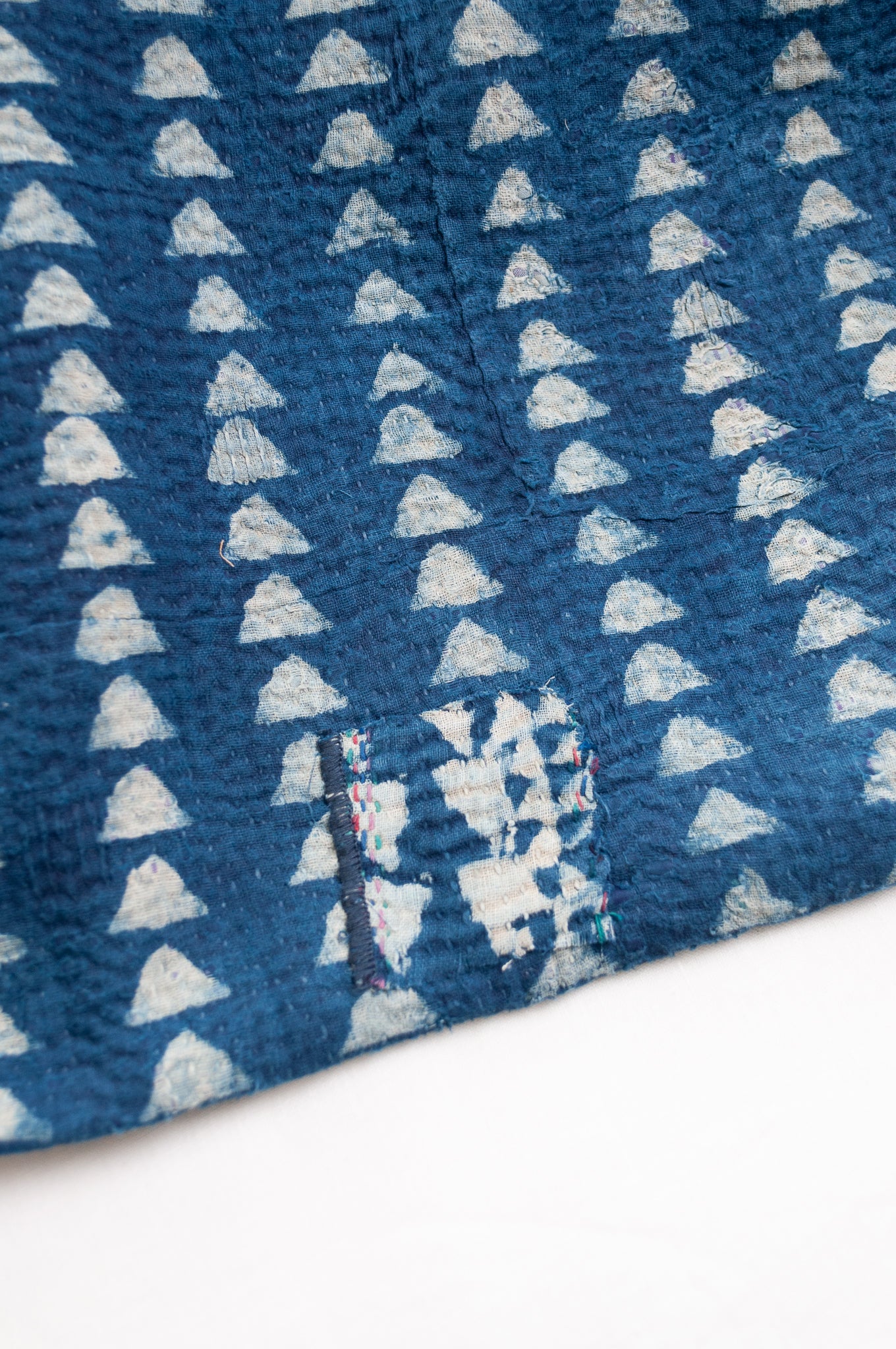 VIntage overdyed kantha quilt mud resist indigo print.