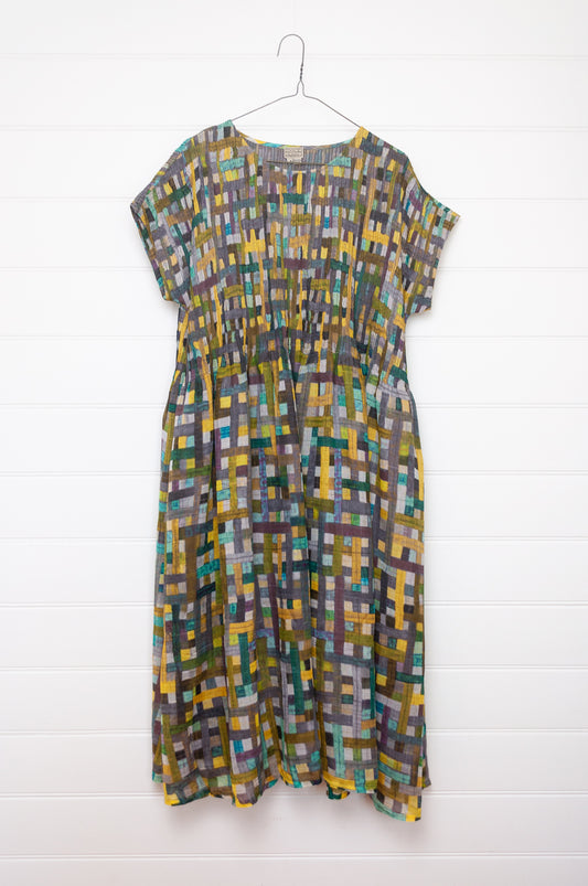 Neeru Kumar cotton silk pintucked short sleeved dress in multi check design.