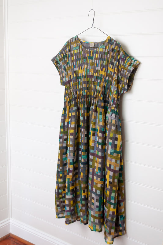 Neeru Kumar cotton silk pintucked short sleeved dress in multi check design.