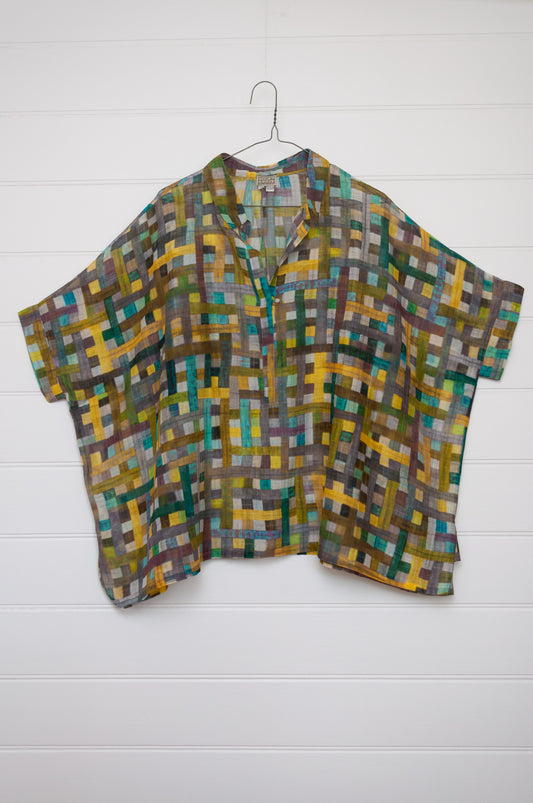 Neeru Kumar fine cotton silk loose fitting blouse shirt in multi coloured check.