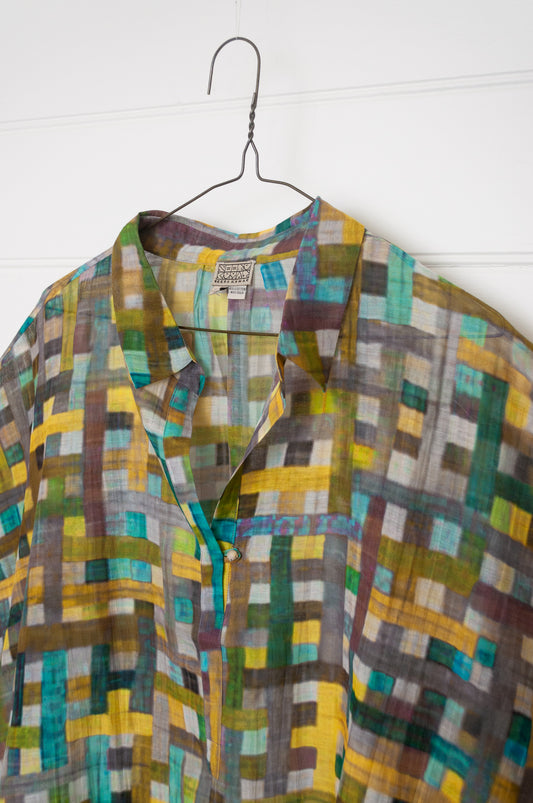 Neeru Kumar fine cotton silk loose fitting blouse shirt in multi coloured check.