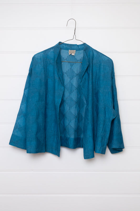 Neeru Kumar cotton silk embroidered unlined cropped jacket in blue.