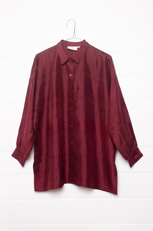 Studio Within x Juniper Hearth oversized pure silk button up long sleeved shirt in oxblood deep red.