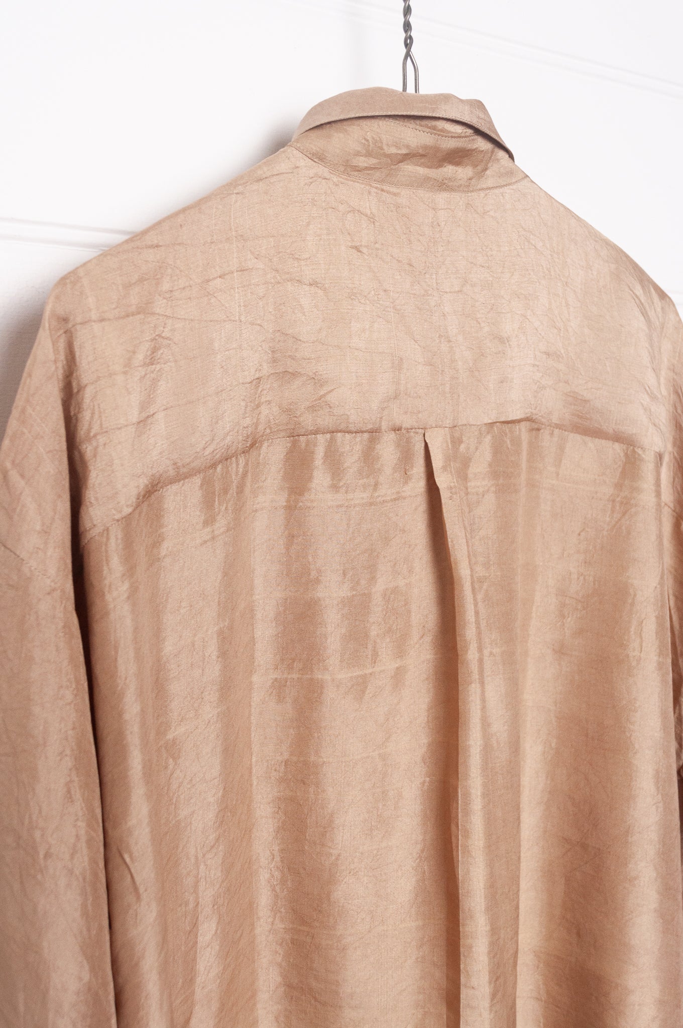 Studio Within x Juniper Hearth oversized pure silk button up long sleeved shirt in oatmeal beige.