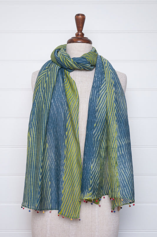 Neeru Kumar shibori dyed cotton silk scarf in blue and green with fabric beads.