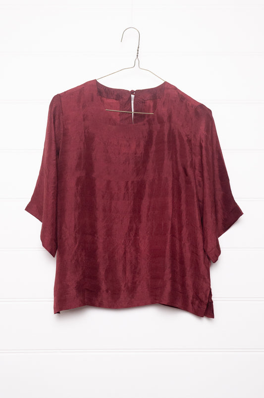 Studio Within x Juniper Hearth mulberry silk short sleeved round neck top in oxblood red.