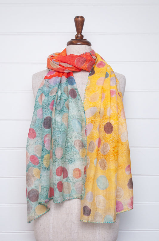 Neeru Kumar cotton silk spotty scarf in blue, orange and yellow with embroidered edging.