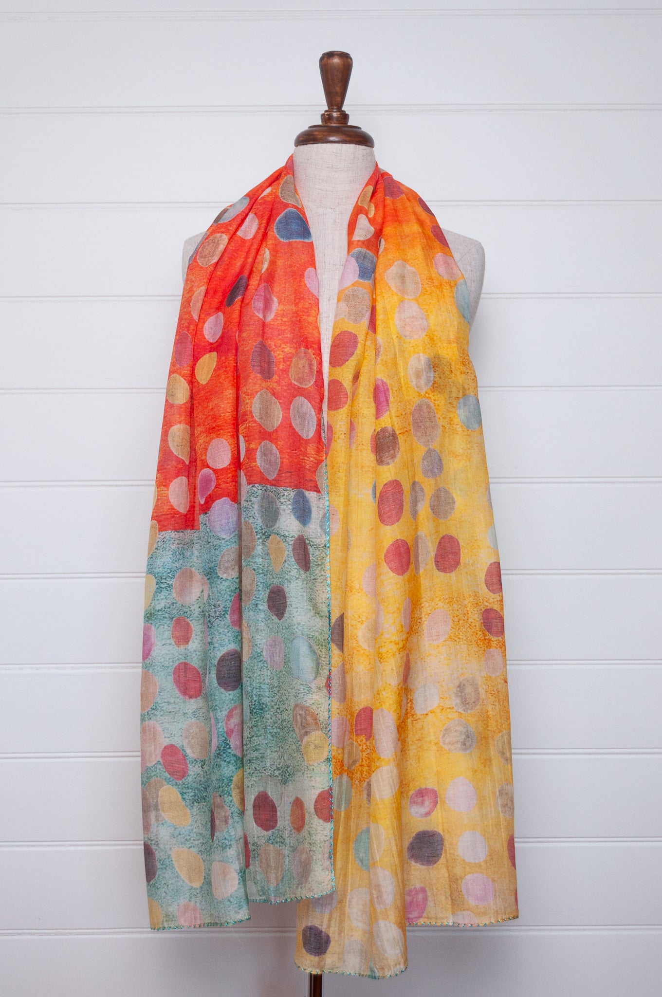 Neeru Kumar cotton silk spotty scarf in blue, orange and yellow with embroidered edging.
