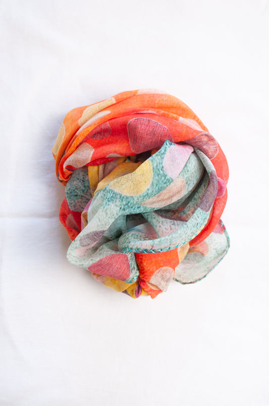Neeru Kumar cotton silk spotty scarf in blue, orange and yellow with embroidered edging.