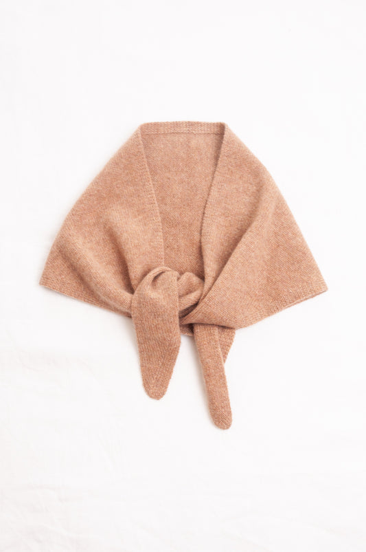 Cashmere triangle neck scarf in camel light tan brown.