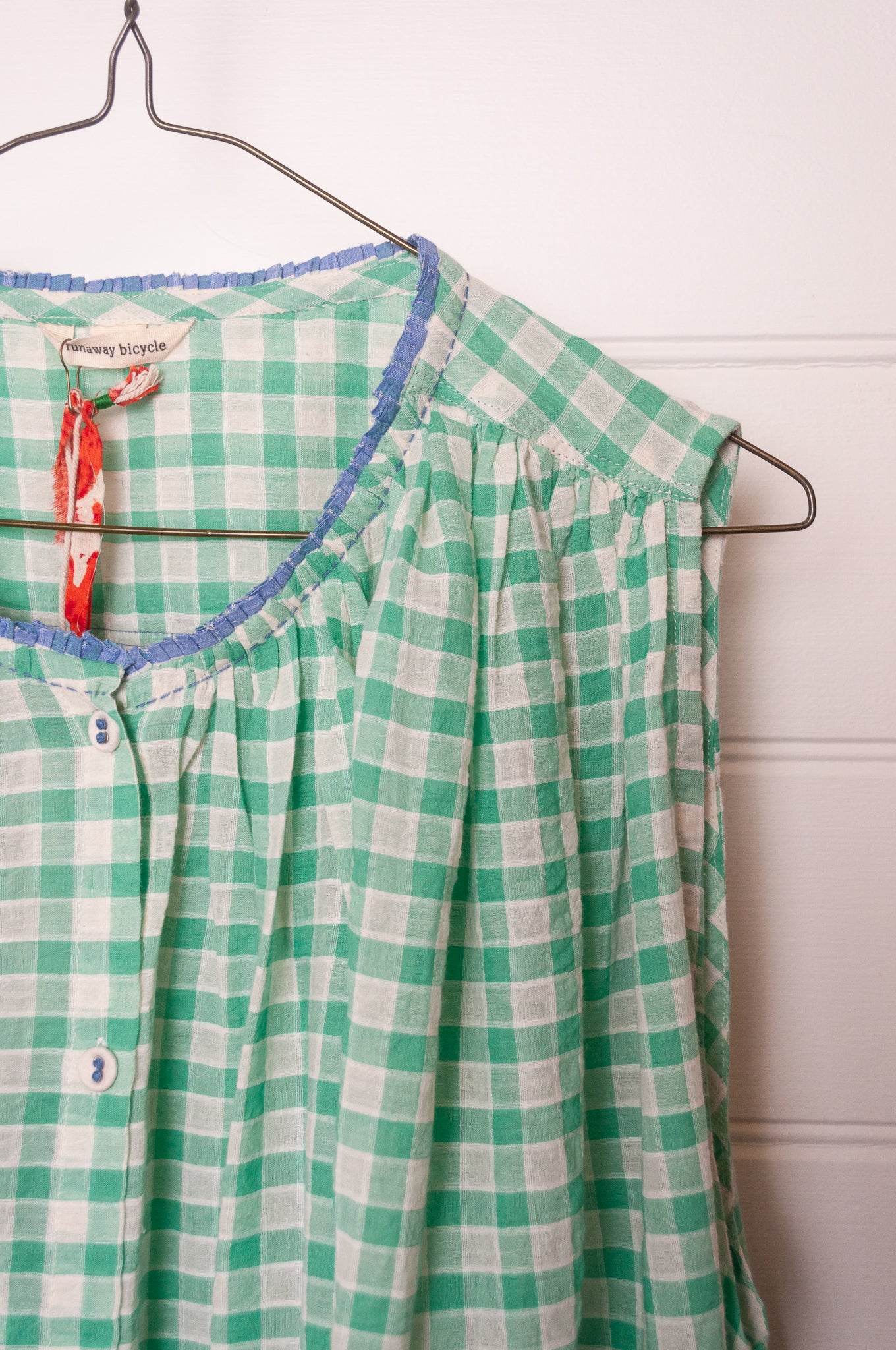 Runaway Bicycle handloom cotton Dina gathered top in aquamarine checks.
