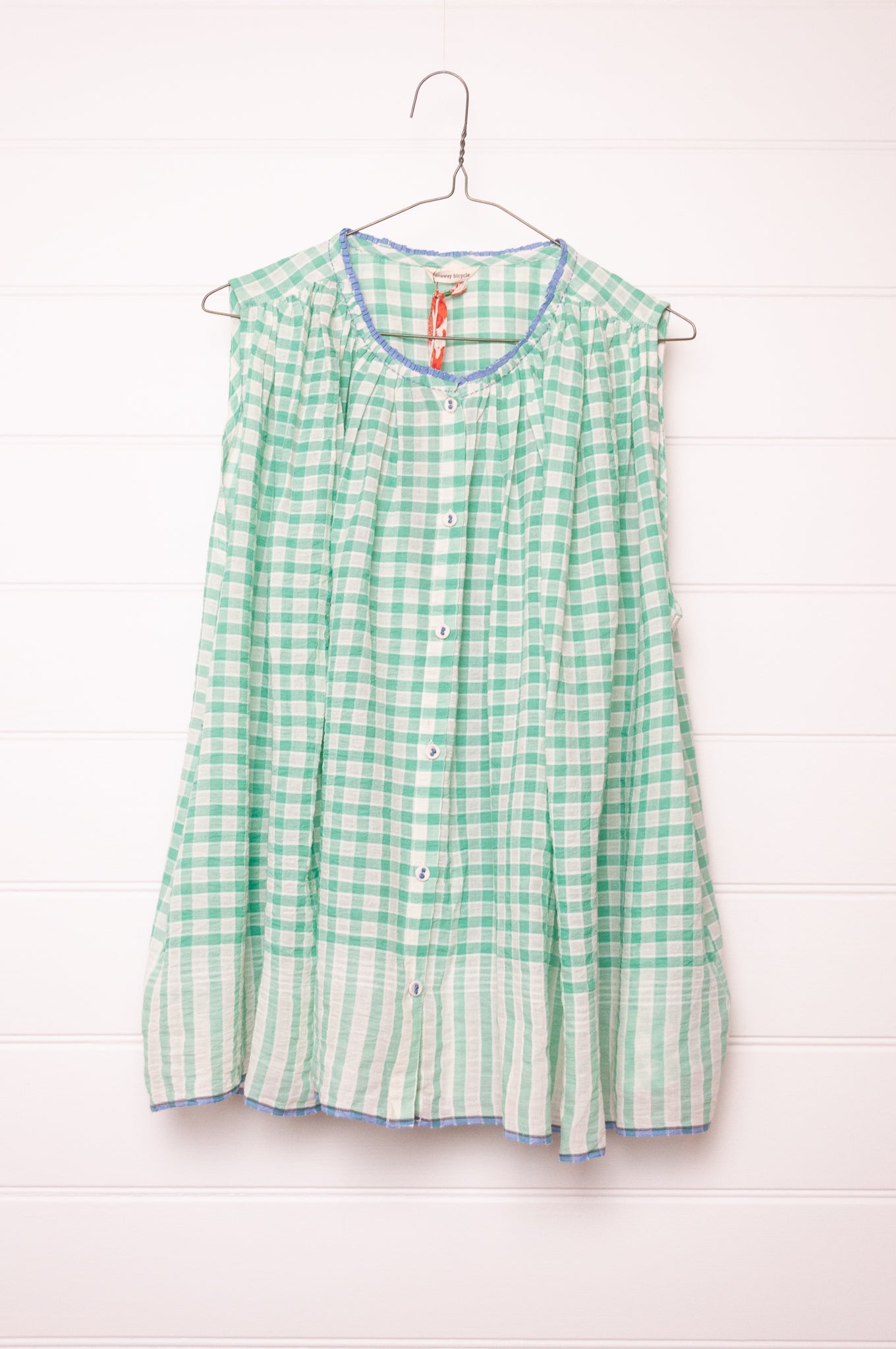 Runaway Bicycle handloom cotton Dina gathered top in aquamarine checks.