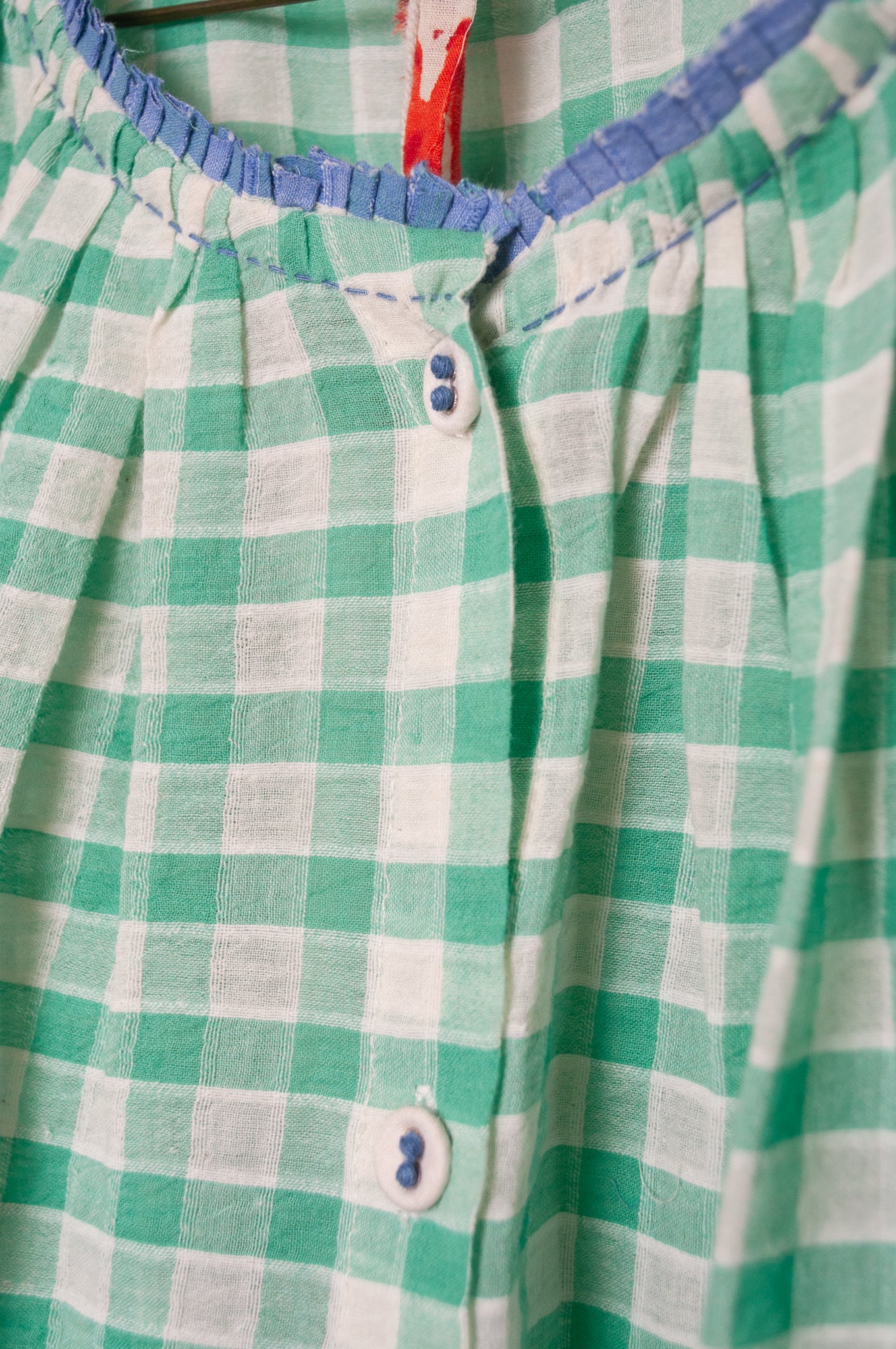 Runaway Bicycle handloom cotton Dina gathered top in aquamarine checks.