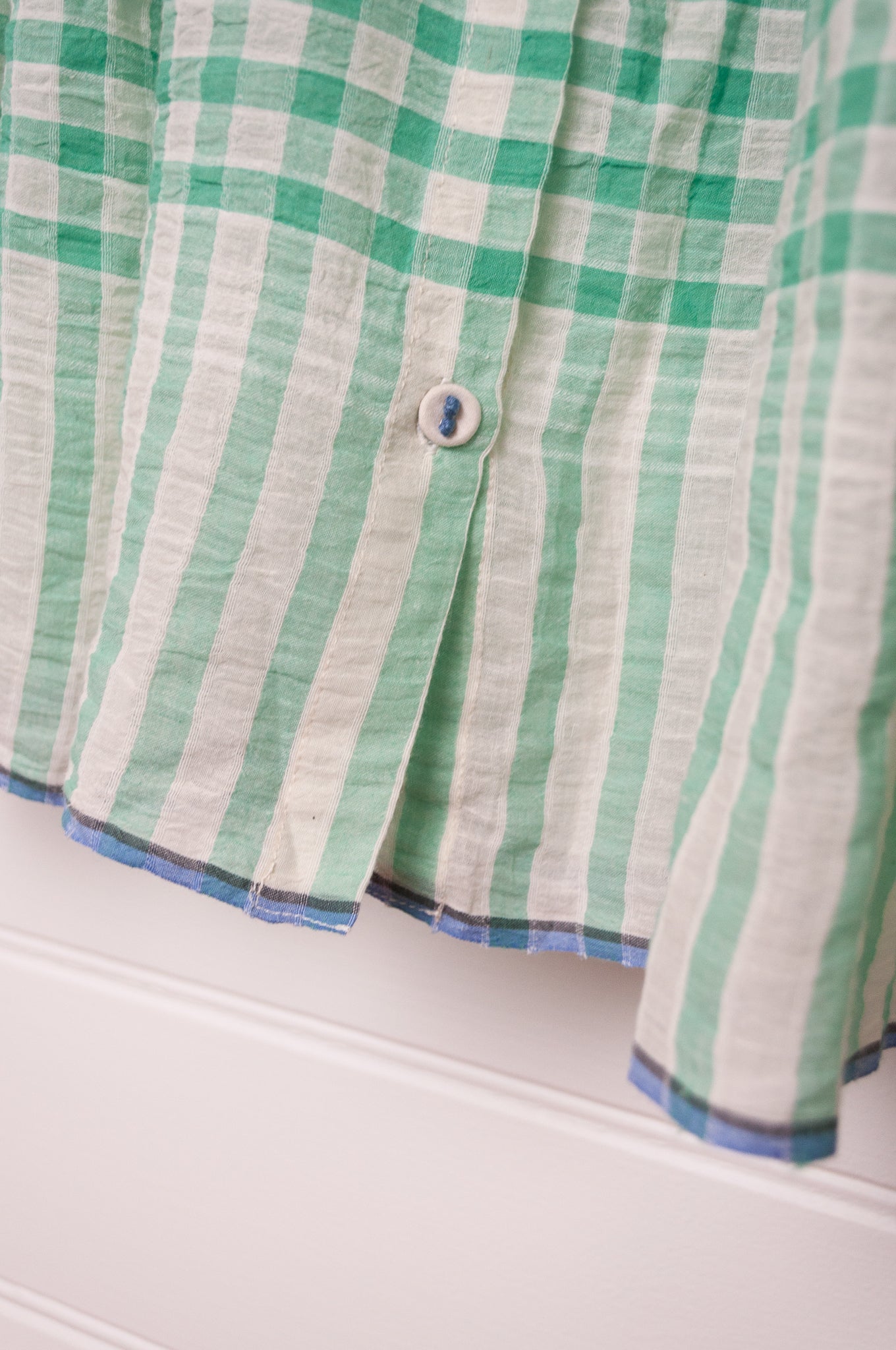 Runaway Bicycle handloom cotton Dina gathered top in aquamarine checks.
