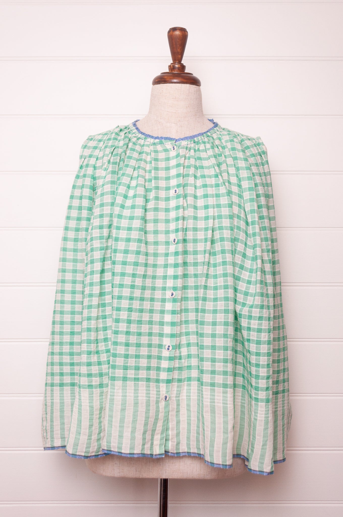 Runaway Bicycle handloom cotton Dina gathered top in aquamarine checks.
