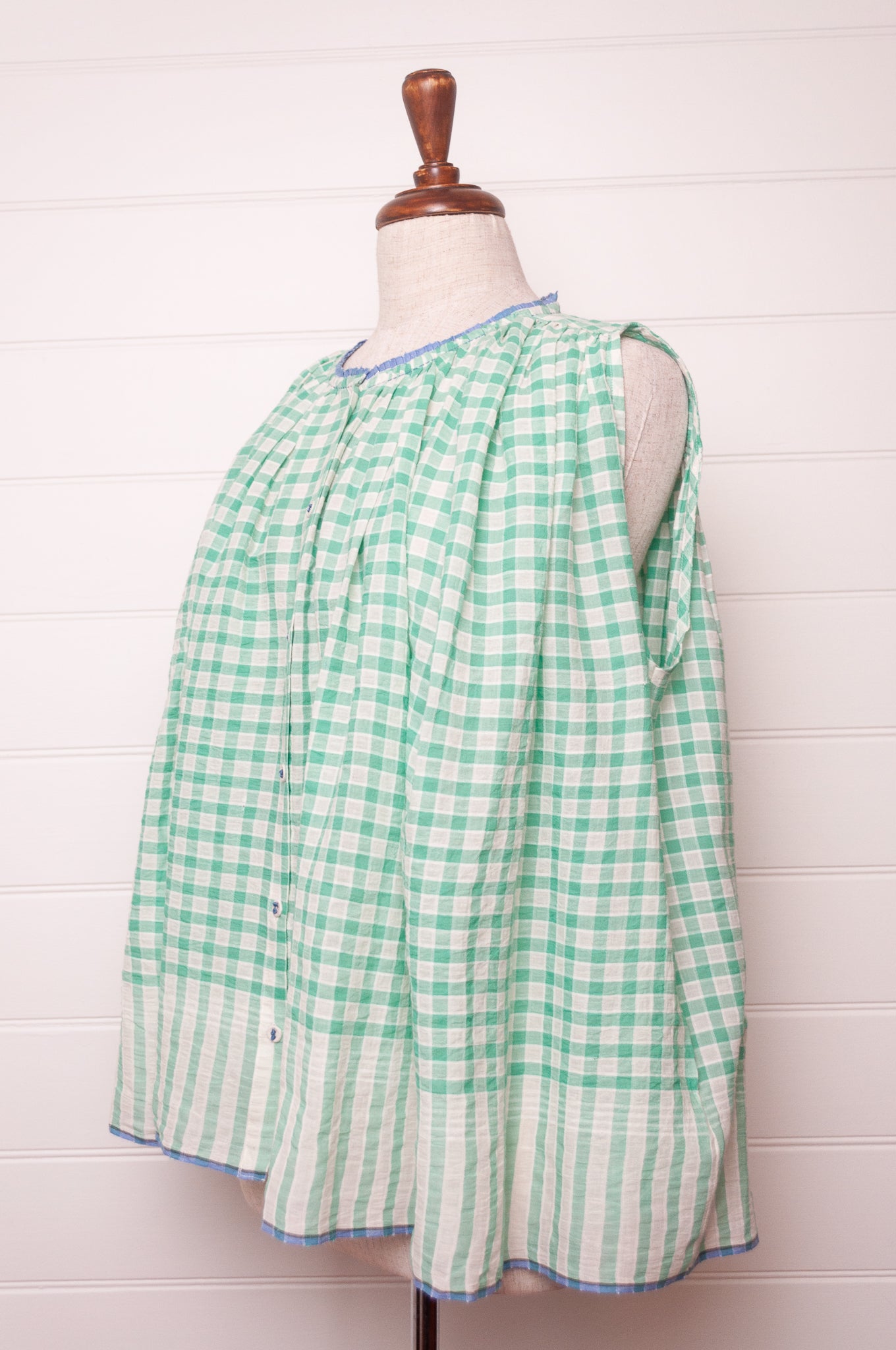 Runaway Bicycle handloom cotton Dina gathered top in aquamarine checks.