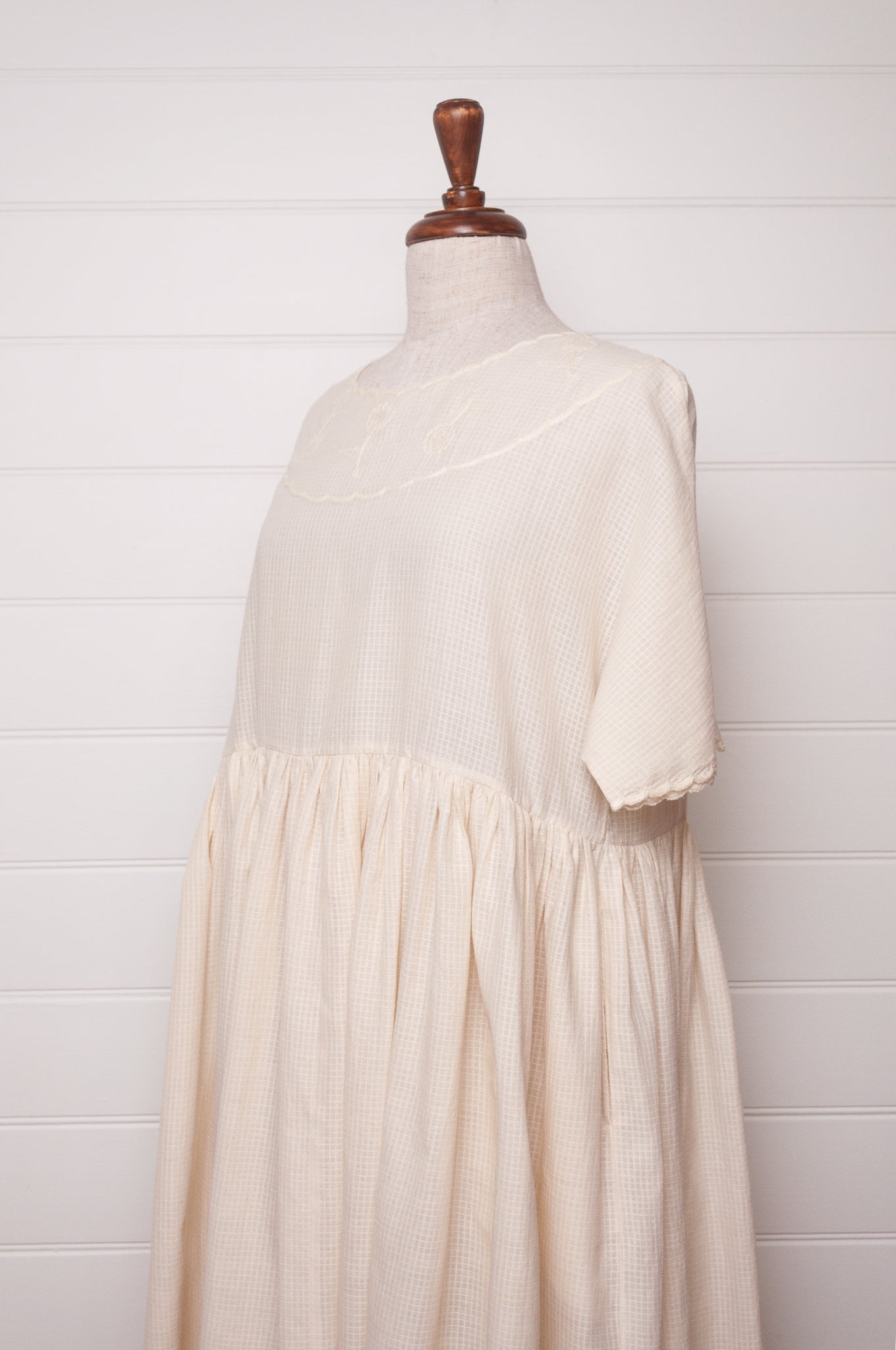 Runaway Bicycle handloom cotton Pipa dress, hand embroidered in natural white.