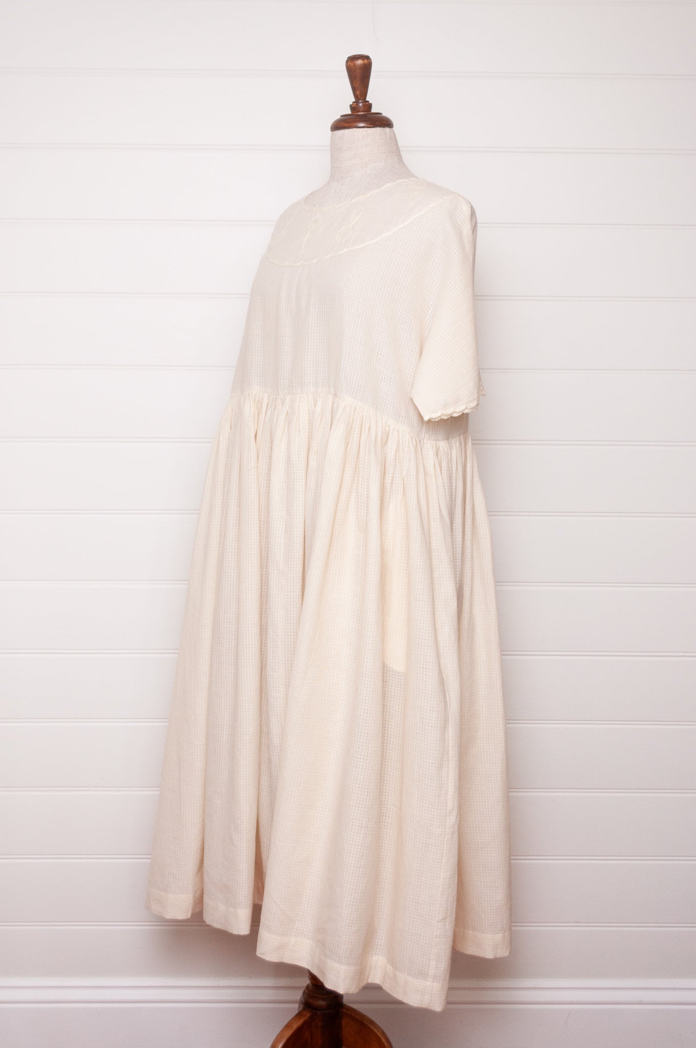 Runaway Bicycle handloom cotton Pipa dress, hand embroidered in natural white.