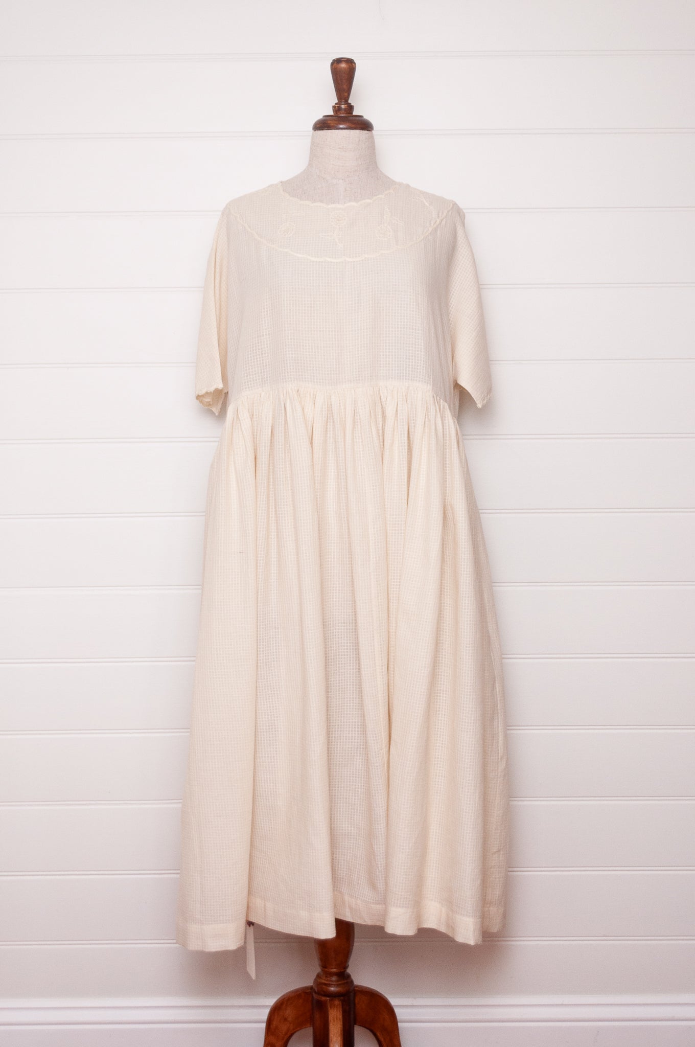 Runaway Bicycle handloom cotton Pipa dress, hand embroidered in natural white.