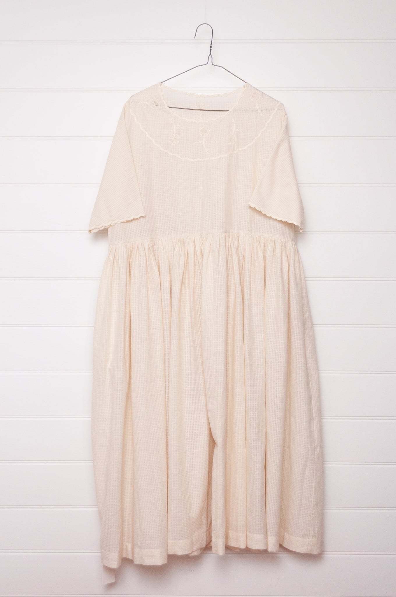 Runaway Bicycle handloom cotton Pipa dress, hand embroidered in natural white.